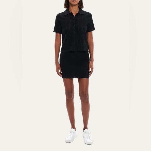 THEORY Cropped Matte Cotton Jacquard Black Polo Shirt Short Sleeve Collared SZ M - Picture 1 of 16